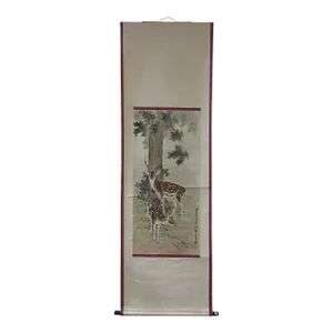 Vintage Chinese Color Ink Double Deer Scroll Painting Wall Art