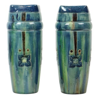 Antique Art Nouveau Flemish Blue Earthenware Vases, 1890s, Set of 2 For Sale