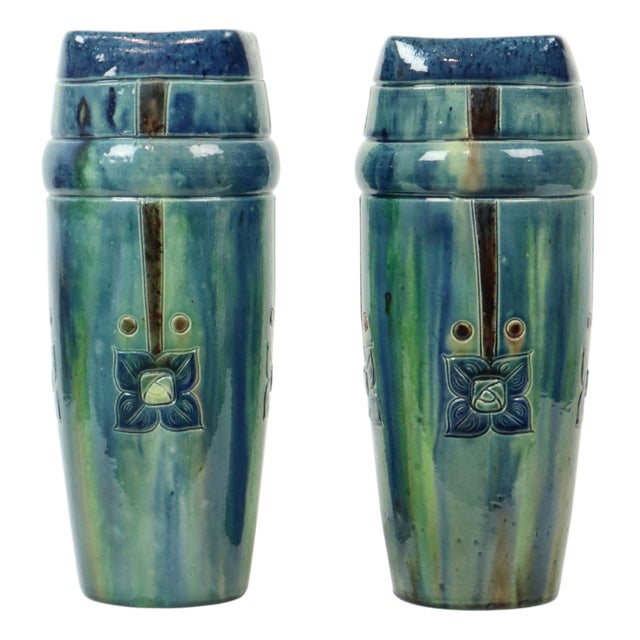 Antique Art Nouveau Flemish Blue Earthenware Vases, 1890s, Set of 2 For Sale