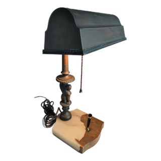 1910s Early Bronze Sphinx Bankers Lamp W Onyx Base & Pen Holder For Sale