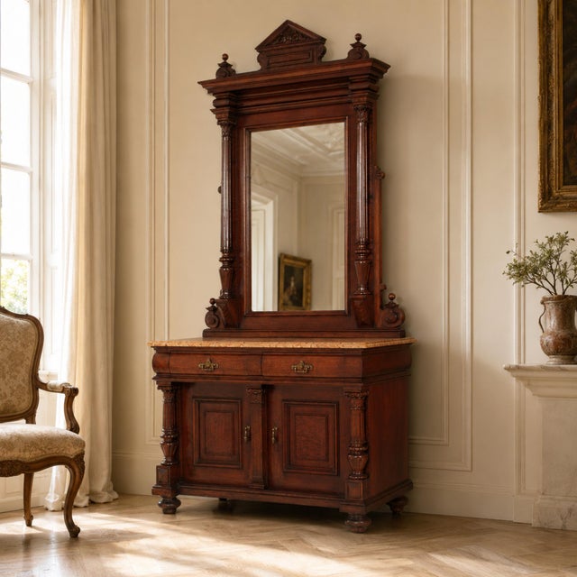 Italian Carved Walnut Dressing Cabinet with Mirror and Marble Top, 19th Century, Set of 2 For Sale - Image 9 of 15