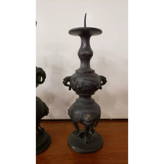 Set of 3 Late 19th Century Japanese Bronze Pricket Buddhist Temple Candlesticks (Meiji Period) For Sale - Image 4 of 8