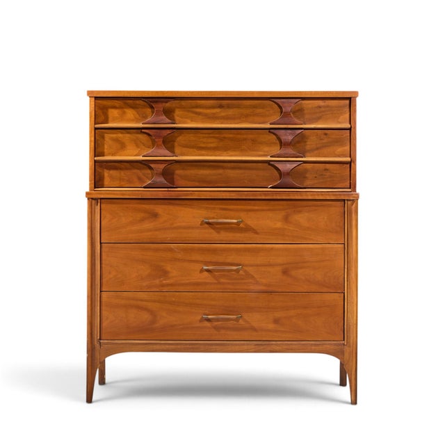 Kent Coffey Perspecta Mid Century Walnut and Rosewood Highboy Dresser This highboy measures: 40 wide x 19 deep x 46 inches...