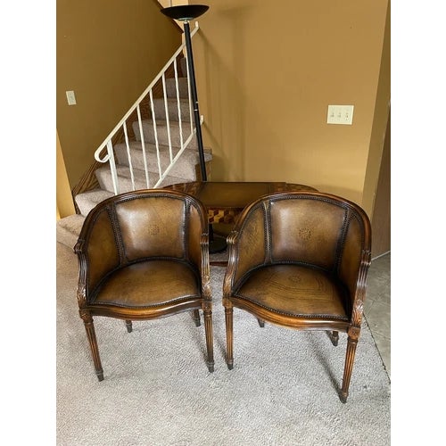 Wood Vintage 1998 Theodore Alexander Multi Game Table and Two Barrel Back Game Chairs - Set of 3 For Sale - Image 7 of 12