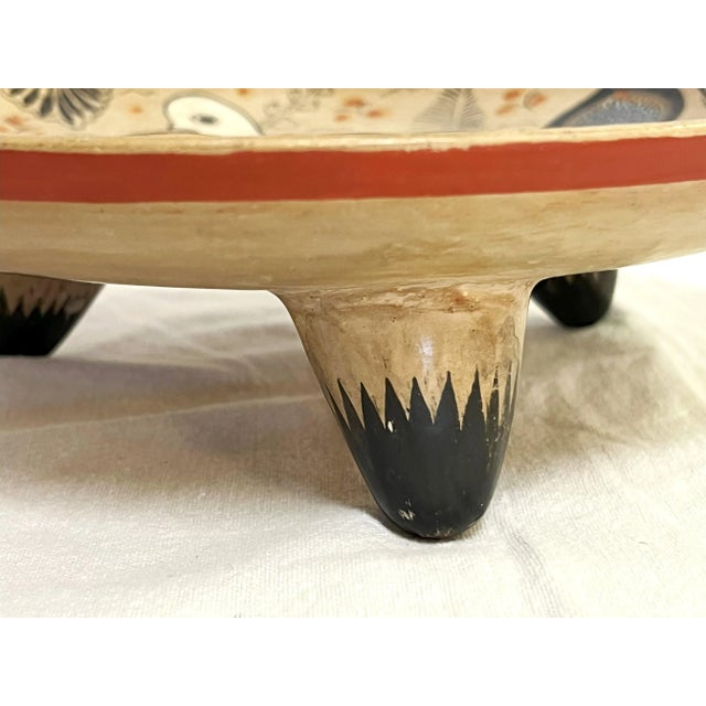 Ceramic Vintage Mexican Hand Painted Folk Art Pottery Footed Dish For Sale - Image 7 of 12