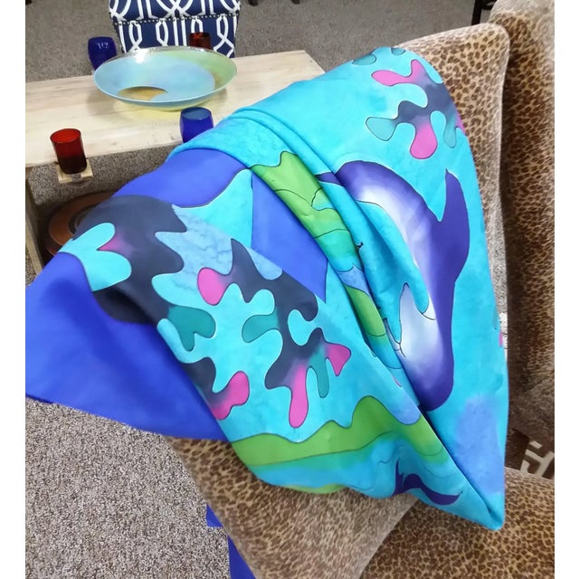 Ink Blue Silk Hand Painted Dolphin Art Throw For Sale - Image 8 of 11