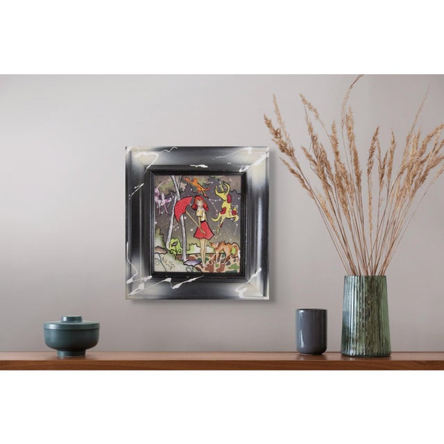 Raining Cats & Dogs by Louis Recchia | Mixed-media acrylic on plexiglas girl with an umbrella and animals For Sale - Image 4 of 5