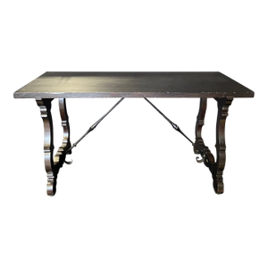 Antique Italian Ebonized Dining Table or Writing Desk With Iron Stretcher