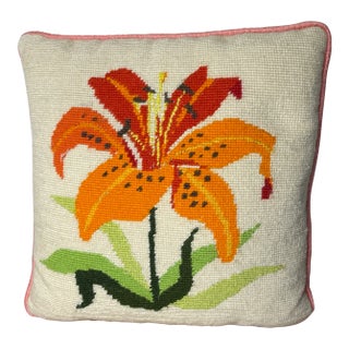 1970s Needlepoint Pillow of a Lily For Sale