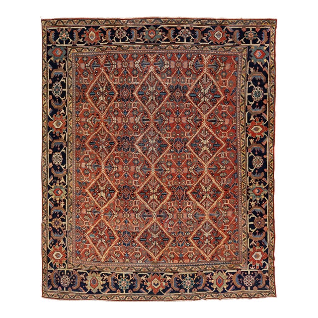 10x12 Antique Handmade Persian Mahal Rug - Large Scale Red & Blue Wool Carpet For Sale