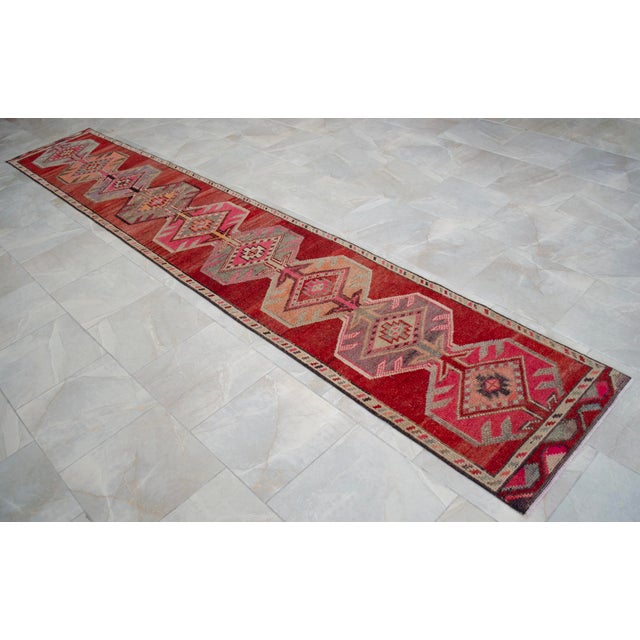 1950s Pink Turkish Hand-Knotted Runner Rug, Extra Long Narrow Hallway Decor 2x14 Ft Approx For Sale - Image 10 of 17