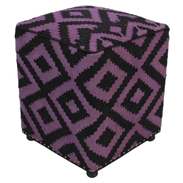 Boho Chic Black/Purple Handmade Kilim Upholstered Ottoman For Sale