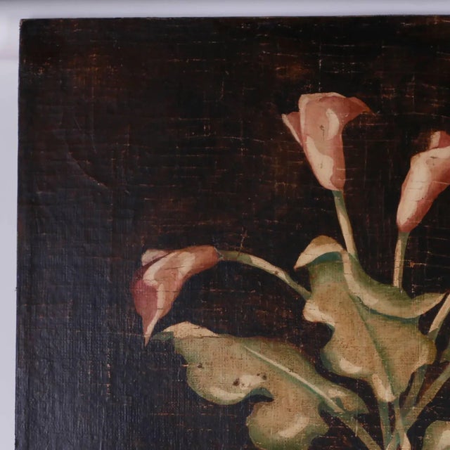 A very large oil painting on burlap of lilies in a planter, executed in the ancient fresco style with a quiet simplicity...
