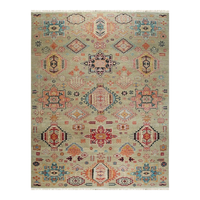 9x12 Lush Oriental Ivory Traditional Geometric Hand Knotted Wool Carpet Rug For Sale