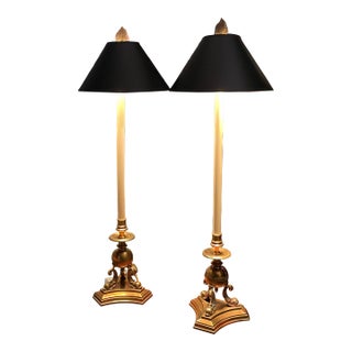 Pair Vintage 1987 Chapman Brass Dolphin Buffet Lamps Black Gold Foil Shades 37" For Sale