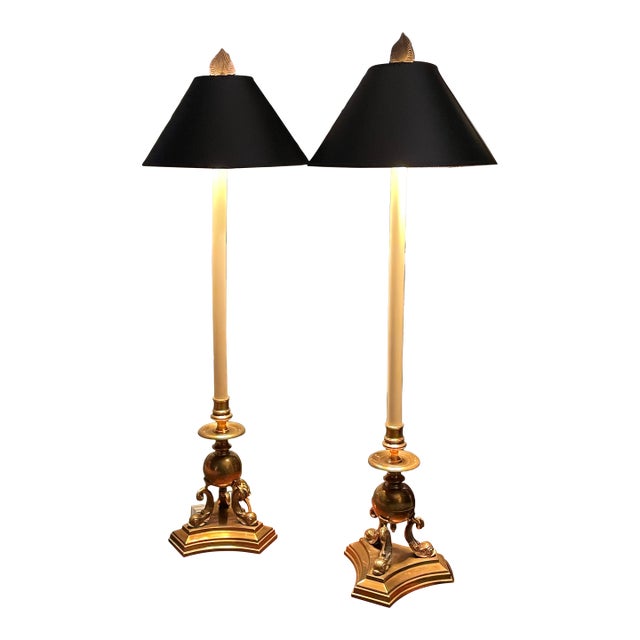 Pair Vintage 1987 Chapman Brass Dolphin Buffet Lamps Black Gold Foil Shades 37" For Sale
