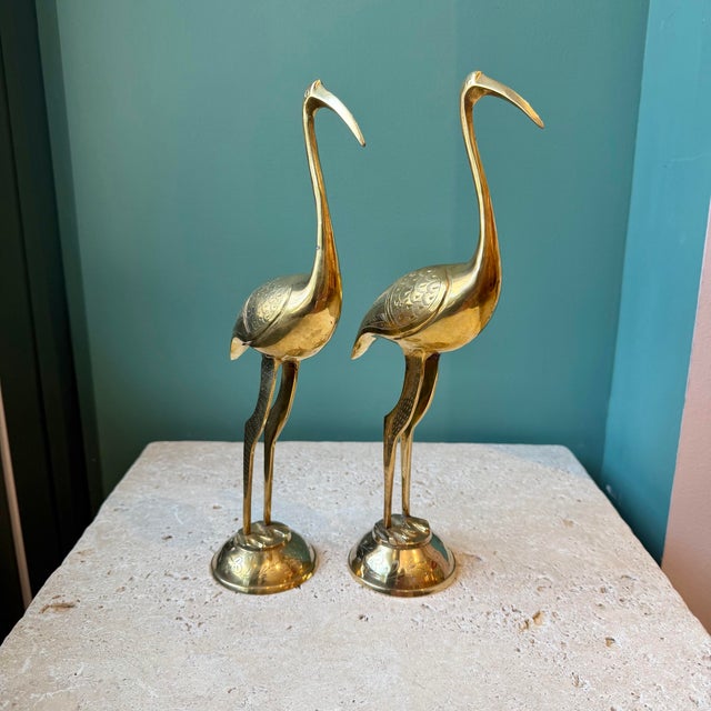 Vintage Pair of Brass Etched Crane Statues For Sale - Image 4 of 7