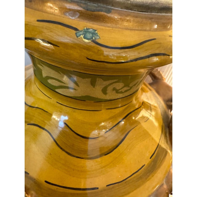 Ceramic Pair of Vintage Italian Ochre Glazed Ceramic Ram’s Head Urn Table Lamps For Sale - Image 7 of 9