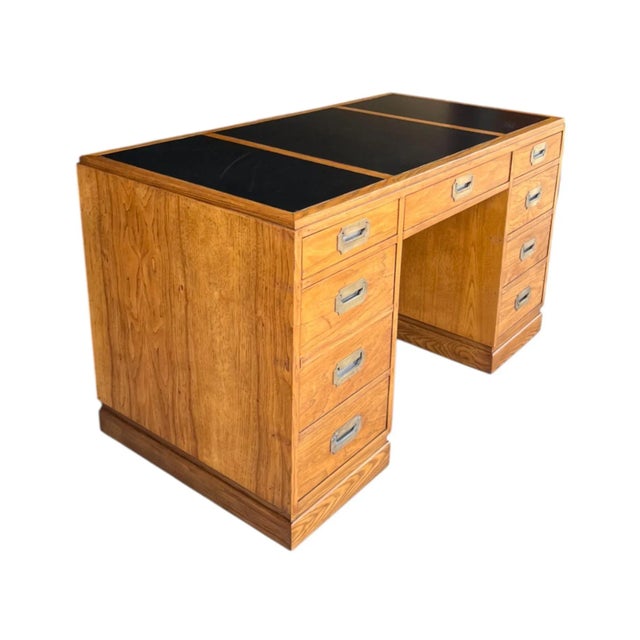 Vintage Campaign-Style Oak Executive Desk With Black Leather Inlay For Sale - Image 9 of 12