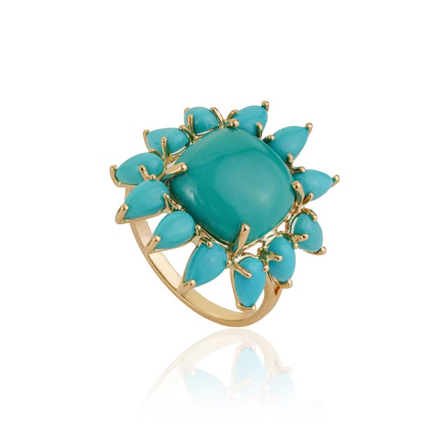 VR Jewels 6.7ct Turquoise Sunburst Art Deco Vintage Ring in 14k Yellow Gold Size 4 For Sale - Image 4 of 16