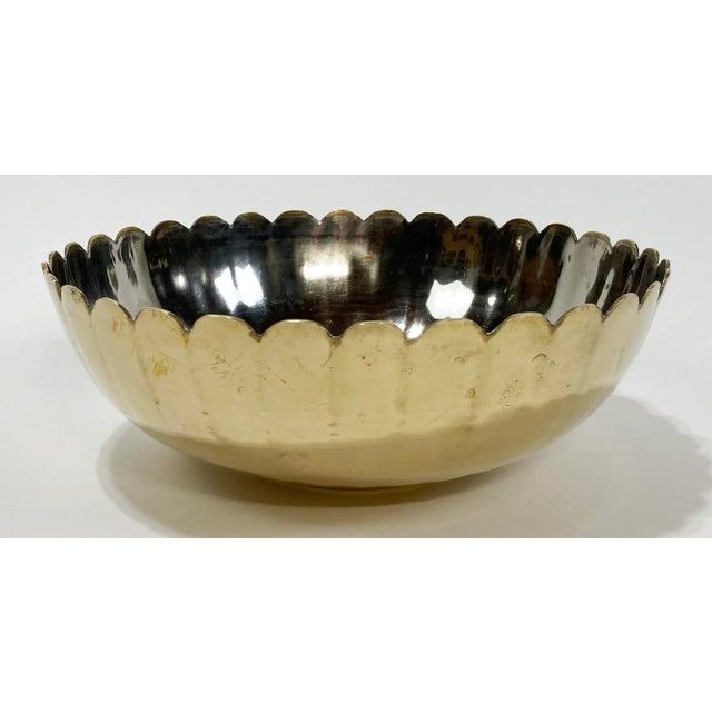 Vintage Large Scalloped Brass Bowl W/ Silver Interior For Sale - Image 4 of 6