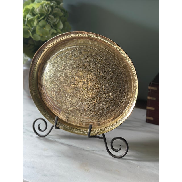 Mid-Century Modern Vintage 1940s Benares Hand-Chased Heavy Gauge Brass Valet Tray With Foliage & Animal Motifs For Sale - Image 3 of 12