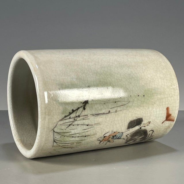 Ceramic Crackle Glaze Porcelain Brush Pot With Herding Scene For Sale - Image 7 of 8