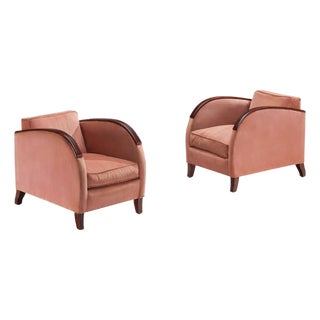 1930s Victor Courtray Pair of Lounge Chairs in in Dusty Pink Velvet & Walnut For Sale