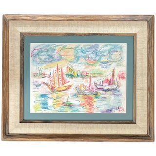 Vibrant Pastel Sailboat Seascape in Wood & Linen Frame – Signed & Dated 1979 For Sale