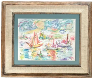 Vibrant Pastel Sailboat Seascape in Wood & Linen Frame – Signed & Dated 1979
