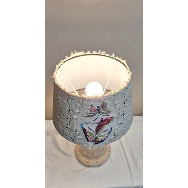 1970s Vintage Table Lamp with Beige Floral Decorated Ceramic Base and Handmade Fabric Shade from Lamplove, 1970s For Sale - Image 5 of 7