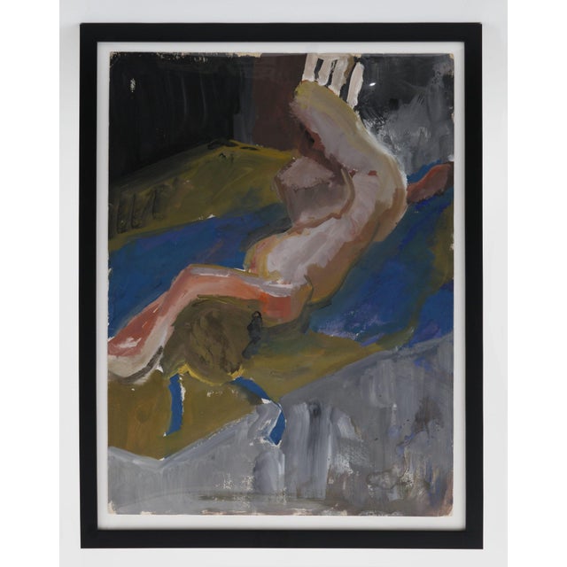 Original vintage gouache on paper is a figurative painting of a reclining nude woman on paper floating. In a new black...