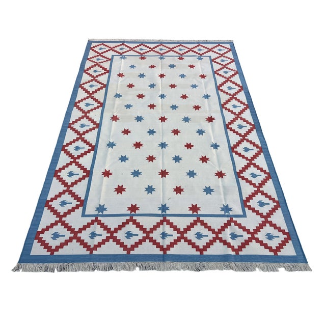 Handwoven Cotton Area Rug Vegetable Dyed Sky Blue, Cream and Terracotta Star Patterned Dhurrie - 6'x9' For Sale - Image 12 of 13
