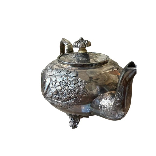 Early 20th Century Silver Pleated Teapot With Ornate Floral Repousse Decoration. For Sale - Image 4 of 7