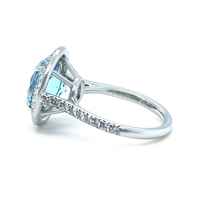 2020s Tiffany & Co. Platinum Soleste Aquamarine & Diamond Ring 3.95ct 7.17g, Size 5 For Sale - Image 5 of 11