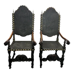 Pair of Early 17th Century Portuguese Hand Tooled Leather Side Chairs