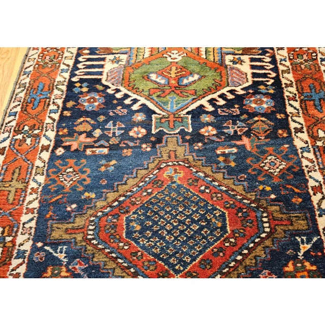 Persian Vintage Heriz Serapi Runner Rug, Hand-Knotted Wool, Geometric Medallion Pattern, Navy, 3x12 For Sale - Image 3 of 16