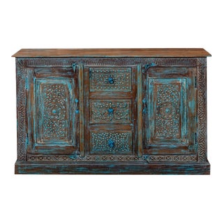 Distressed Blue Artisan Crafted Brass Studs Sideboard For Sale