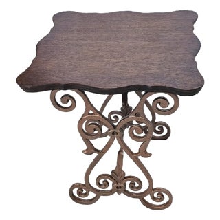 1920s Spanish Revival Iron & Solid Oak Accent Table – Scrolled Base & Scalloped Top For Sale