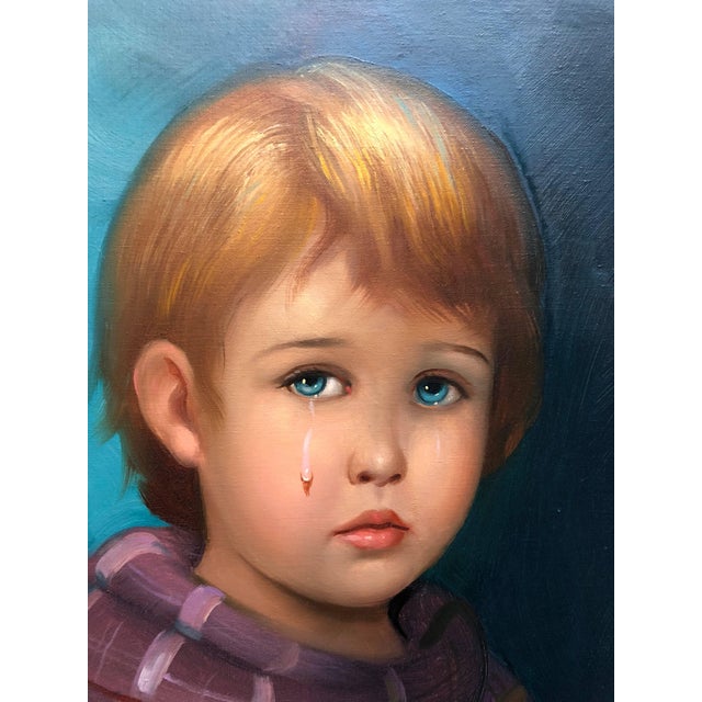 1970s Italian (based on the inscription, the artist's name sounds German or Austrian) big eyed waif crying little boy...