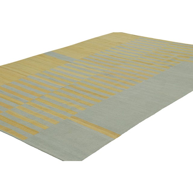 Rug & Kilim Rug & Kilim’s Contemporary Kilim With Textural Gold, Cream and Blue Stripes For Sale - Image 4 of 7