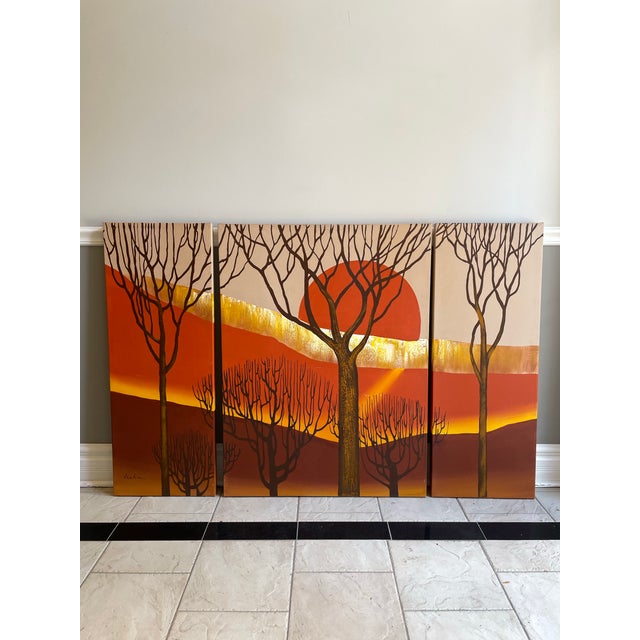 Mid-Century Modern Vintage 1970s Letterman Style Hand-Painted Sunset Triptych – Original Studio Artwork, Signed For Sale - Image 3 of 10