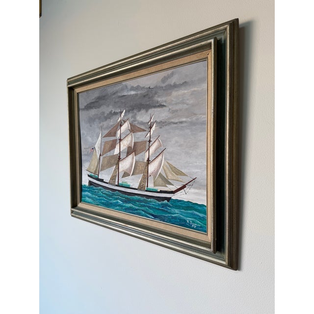 1970's R. Seaman American Tall Ship Ocean Landscape Oil on Board Painting, Framed For Sale - Image 4 of 12