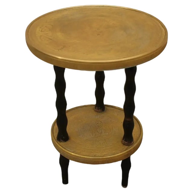 Bohemian Art Deco Round Wood and Brass Side Table, 1930s For Sale