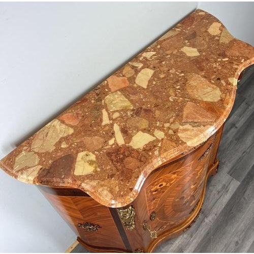 Brown Vintage French Inlaid Cabinet with Brass Ormolu and Marble Top For Sale - Image 8 of 17