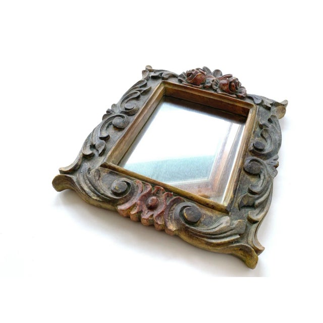 Vintage Molded Resin Accent Mirror With Faux Carved Wood Flower Embellishments For Sale - Image 4 of 10