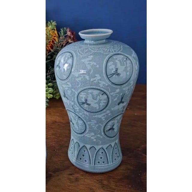 1970’s Thousand Crane Celadon Vases Set of 2 For Sale - Image 17 of 18