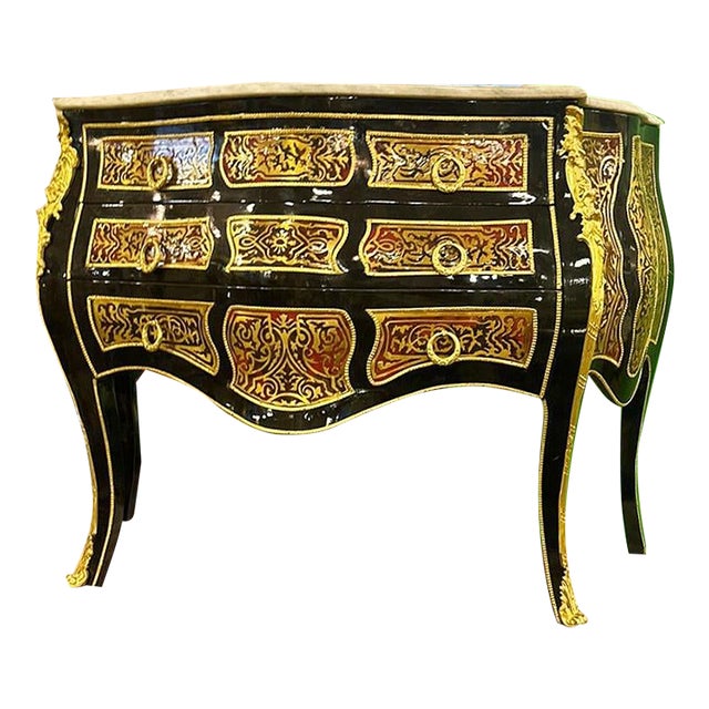 French Black and Gold Commode Marble Topped Louis XV Style For Sale