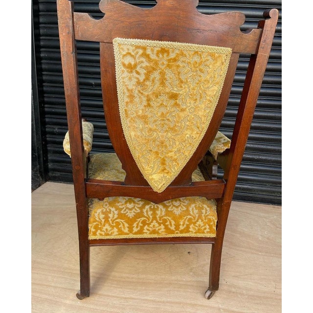 Victorian Oak Shield-Back Armchair – Antique Upholstered Library / Occasional Chair With Carved Detail & Castors For Sale - Image 4 of 9