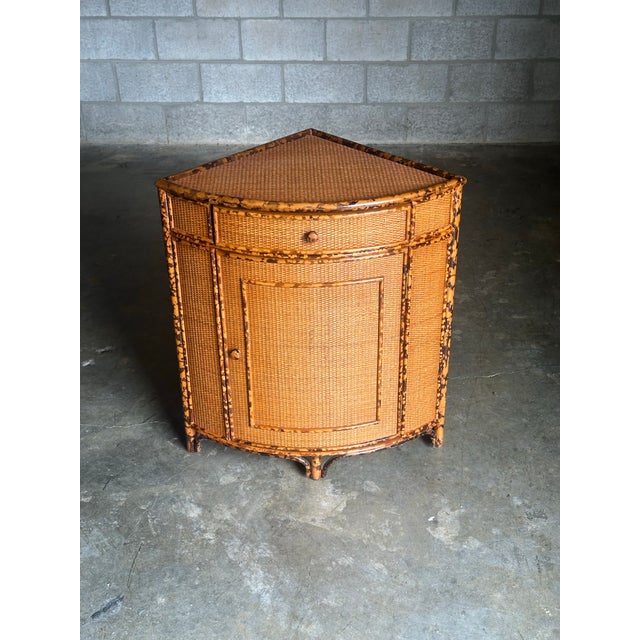 English 1980s British Colonial Style Bamboo and Cane Corner Cabinet For Sale - Image 3 of 12